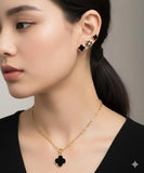 Gold-Plated Black Enamel Quatrefoil 5-Piece Jewelry Set