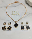 Gold-Plated Black Enamel Quatrefoil 5-Piece Jewelry Set