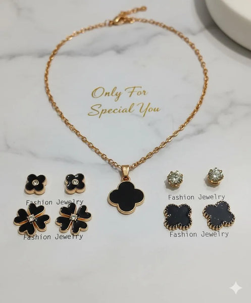 Gold-Plated Black Enamel Quatrefoil 5-Piece Jewelry Set