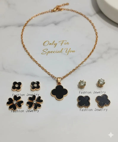 Gold-Plated Black Enamel Quatrefoil 5-Piece Jewelry Set