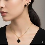 Gold-Plated Black Enamel Quatrefoil 5-Piece Jewelry Set