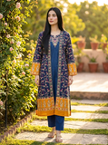 Elegant Blue Cotton Embroidered 3 Pcs Women's Gown Suit
