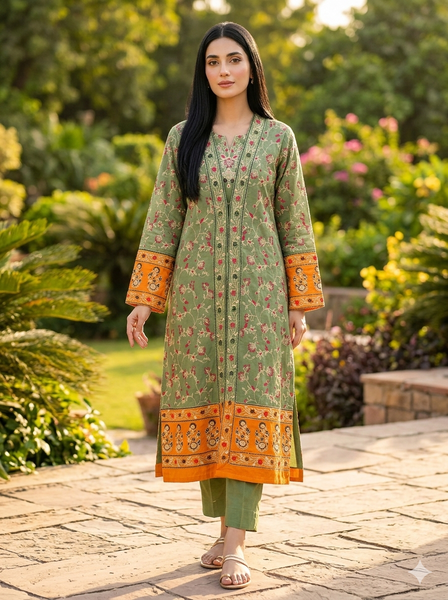 Elegant Green Cotton Embroidered Gown Suit for Women