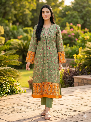 Elegant Green Cotton Embroidered Gown Suit for Women