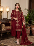 Elegant Maroon Cotton Sequins Embroidered 3 Piece Suit for Women