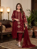 Elegant Maroon Cotton Sequins Embroidered 3 Piece Suit for Women