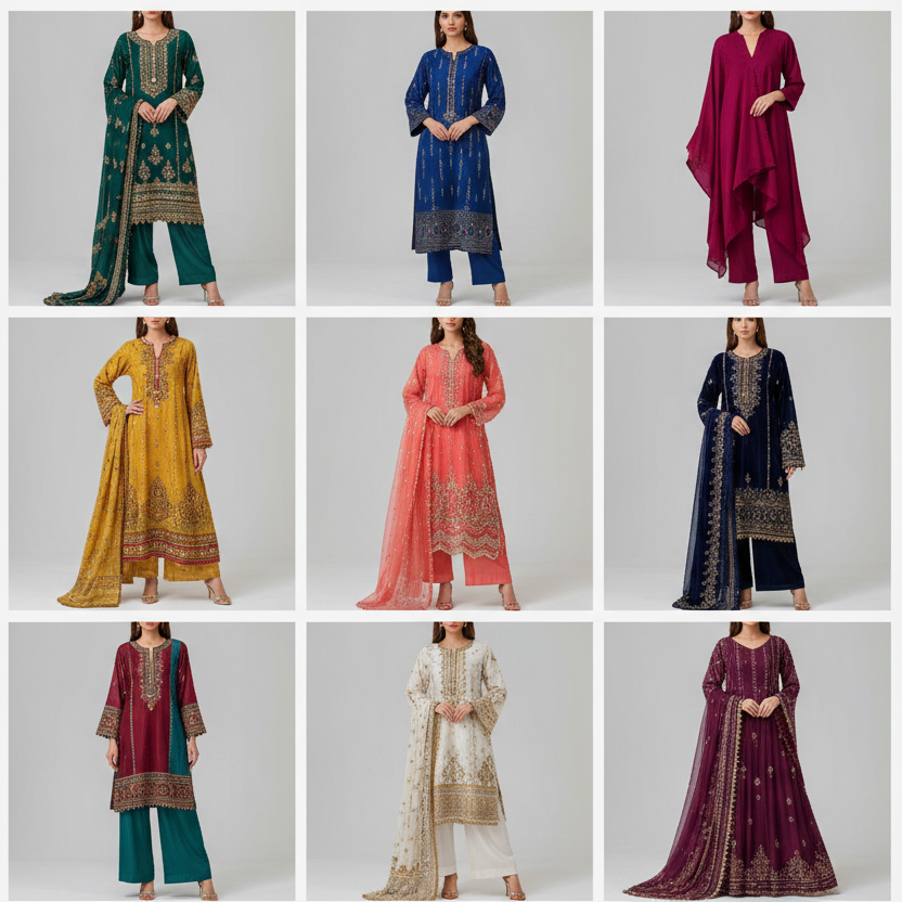
Best-selling Pakistani women's clothing collection showcase - mix of modern stitched suits and contemporary designs with vibrant colors.
Grid layout photography, multiple trending outfits displayed, eye-catching colors, perfect for homepage category thumbnail.