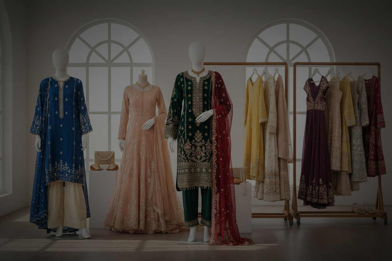 Diverse collection of Pakistani women's clothing displayed together - stitched suits, kurtas, western dresses, traditional wear arranged stylishly.
Fashion catalog photography, multiple outfits on display, vibrant color palette showcasing complete wardrobe range for modern Pakistani women.