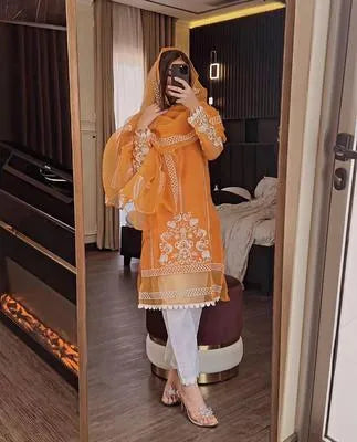 Elegant Orange Organza Embroidered 3 Piece Women's Suit