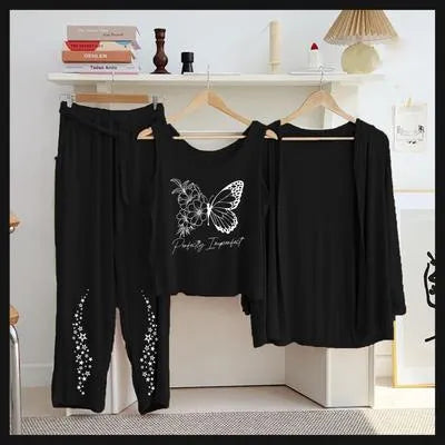 Elegant Black Jersey Printed 3 Piece Women's Night Suit Set