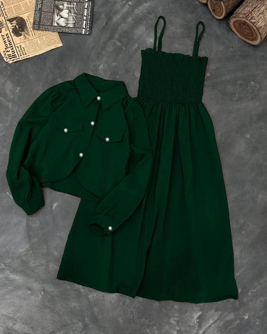 Trendy 2 Piece Stitched Linen Dress Set for Women in Green