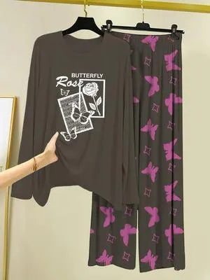 Stylish Grey Cotton Jersey Printed 2 Pcs Women's Night Suit