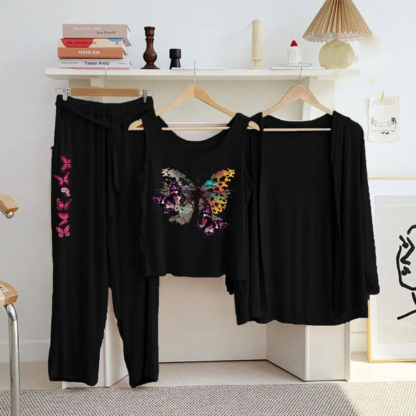 Elegant Black Jersey Printed 3-Piece Women's Night Suit