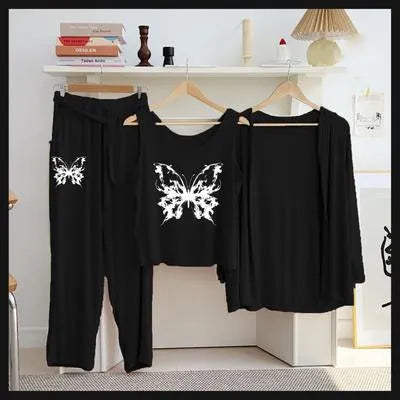 Comfortable Black Jersey Printed 3-Piece Women's Night Suit