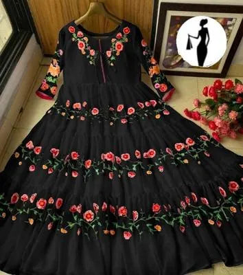 Elegant Black Chiffon Embroidered Maxi Dress for Women