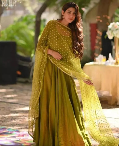 Elegant Women's Green Silk Embroidered Maxi Suit - 3 Pieces