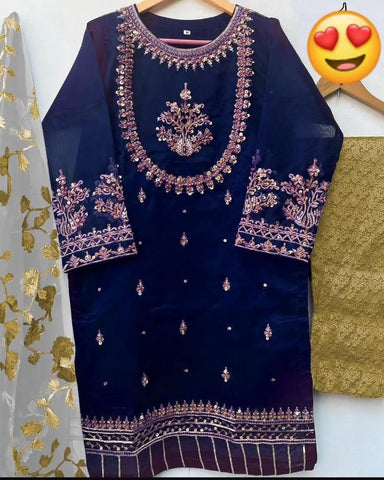 Elegant Blue Organza Hand Work 3 Piece Women's Suit