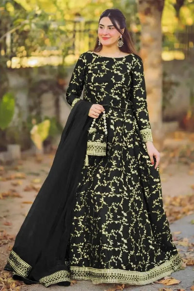 Elegant Black Shamoz Silk Embroidered 4-Piece Maxi Set