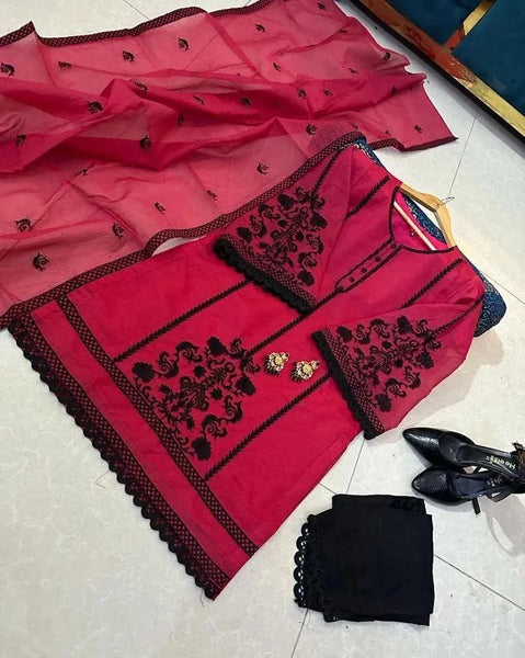 3 Piece Women's Stitched Organza Embroidered Suit in Pink