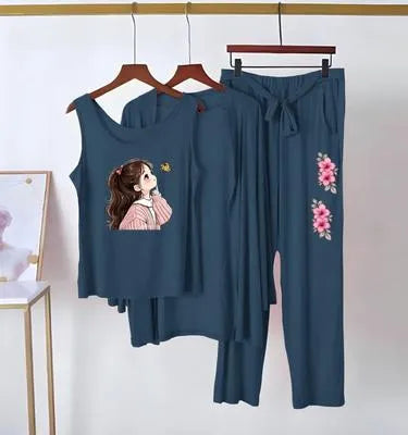 3 Piece Women's Jersey Printed Night Suit with Shorts - Blue