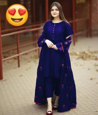 Elegant Blue Shamoz Silk Embroidered Gown Suit - 3 Piece Set