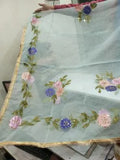 Elegant Blue Organza Dupatta with Brush Paint & Beads Detail