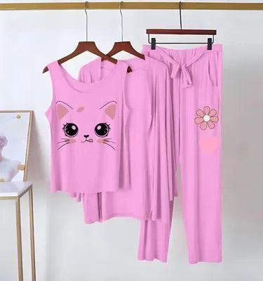 Elegant Jersey Printed 3-Piece Women's Sleep Wear Set in Pink