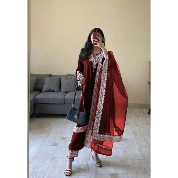 Elegant Maroon 3 Piece Organza Embroidered Suit for Women
