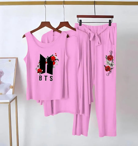 Comfortable Jersey Printed 3 Piece Women's Sleep Wear Set