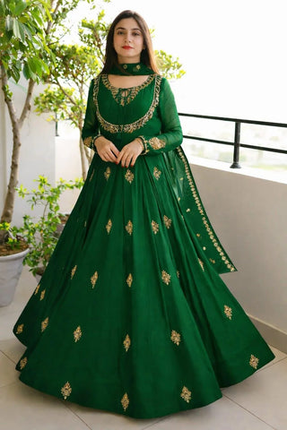 Elegant Green Chiffon Embroidered Maxi Suit for Women