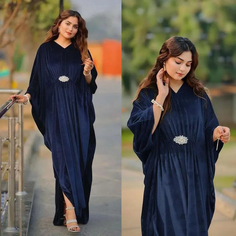 Elegant Blue Velvet Plain Maxi Dress for Women - Free Size