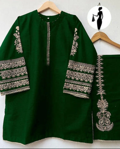 Elegant Green Shamoz Silk Embroidered 2 Piece Women's Outfit