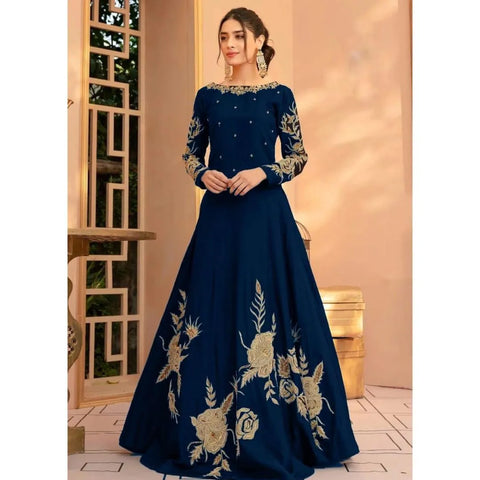 Elegant Blue Shamoz Silk Embroidered Maxi Dress for Women