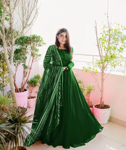 Elegant Green Chiffon 3 Piece Maxi Frock Set for Women