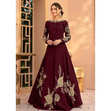 Elegant Maroon Embroidered Shamoz Silk Maxi Dress for Women