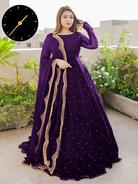 Elegant Purple Chiffon Maxi with Trouser & Dupatta - 3 Piece Set