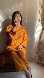 Stylish Mustard Linen Embroidered Shirt and Trouser Set for Women