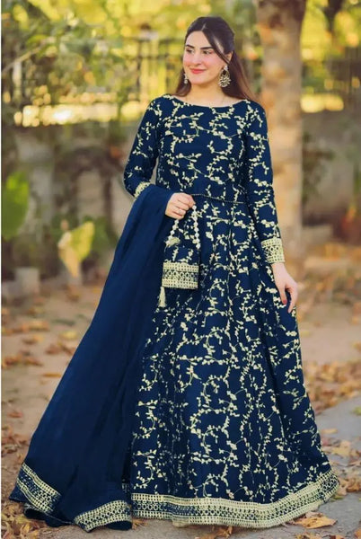 Elegant Blue Shamoz Silk Embroidered 4-Piece Maxi Set