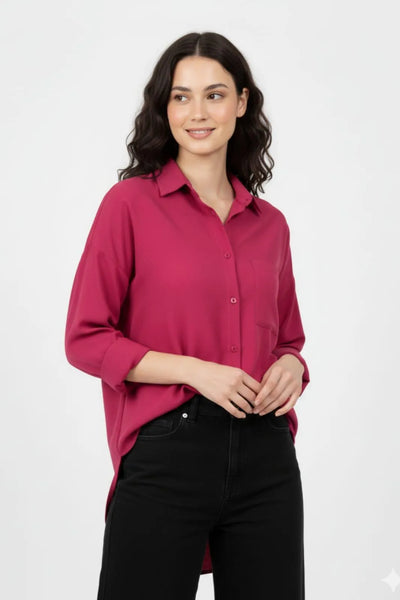 Elegant Silk Plain Button Down Shirt for Women in Maroon