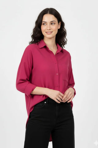 Elegant Silk Plain Button Down Shirt for Women in Maroon