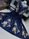 Elegant Blue Silk Embroidered Women's Maxi Dress