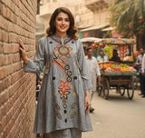 Stylish Grey Khaddar Printed 2 Piece Women's Shirt & Trouser Set