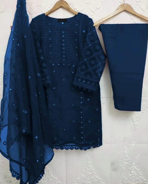 Elegant Blue Embroidered Organza 3 Piece Suit for Women