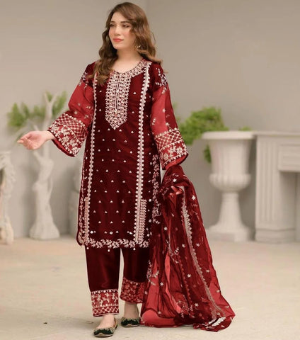 Elegant Maroon Organza 3 Piece Embroidered Suit for Women