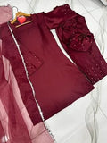 Elegant Maroon Shamoz Silk 4-Piece Women's Stitched Suit