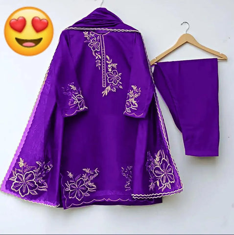 Elegant Purple Organza Embroidered 3 Piece Women's Suit