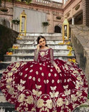 Maroon Embroidered Flared Lehenga Set in Shamoz Silk - 2 Pcs
