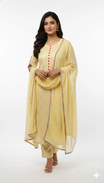 Elegant Yellow Embroidered Chiffon Frock Set for Women