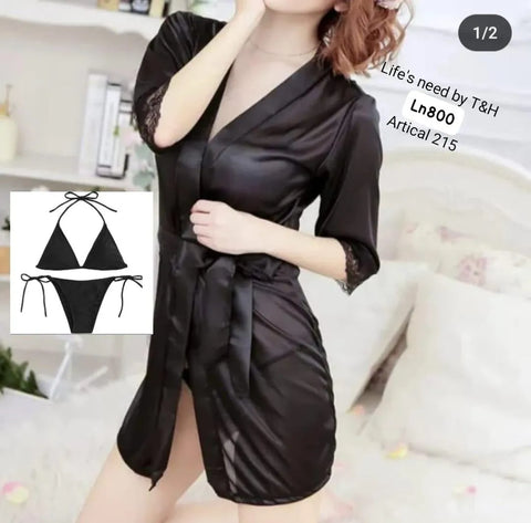 Elegant Black Silk Nightgown Set with Shorts - 3 Pieces