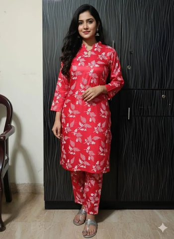 Stylish Red Linen Block Printed 2-Piece Women's Outfit